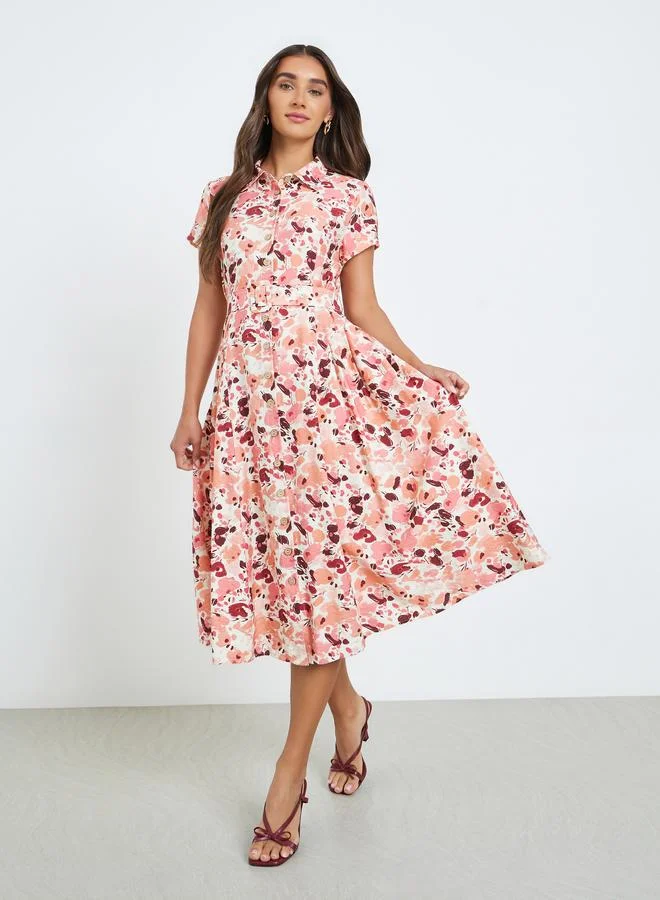 Styli Women Pink Floral Print Shirt Midi Dress